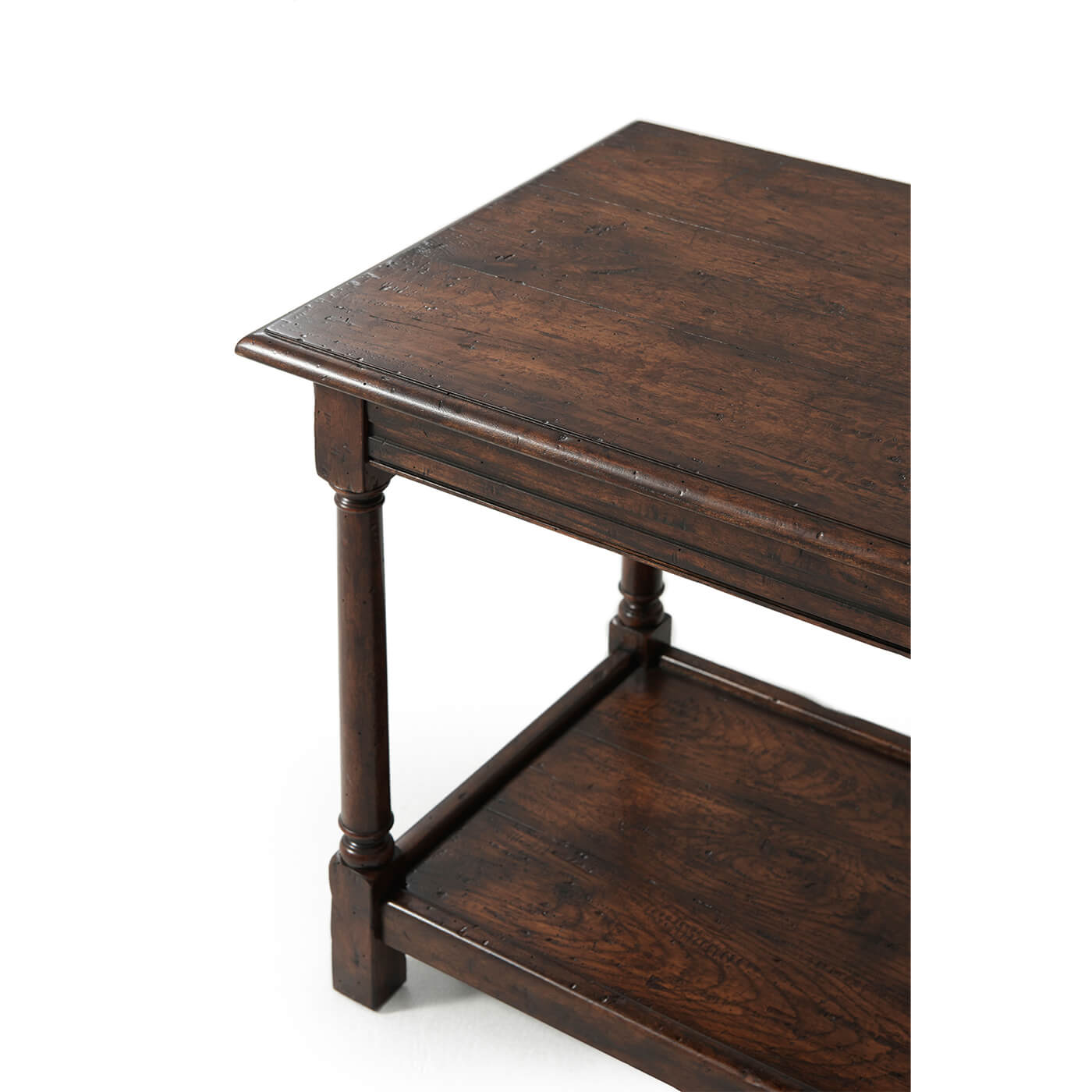 Early English side table, close-up of corner and shelf.