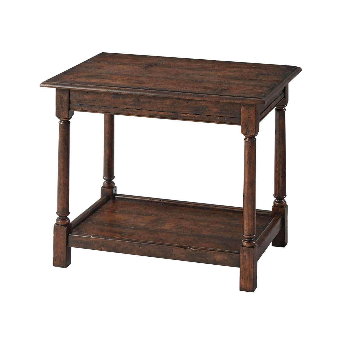 Early English side table, angled view with shelf.