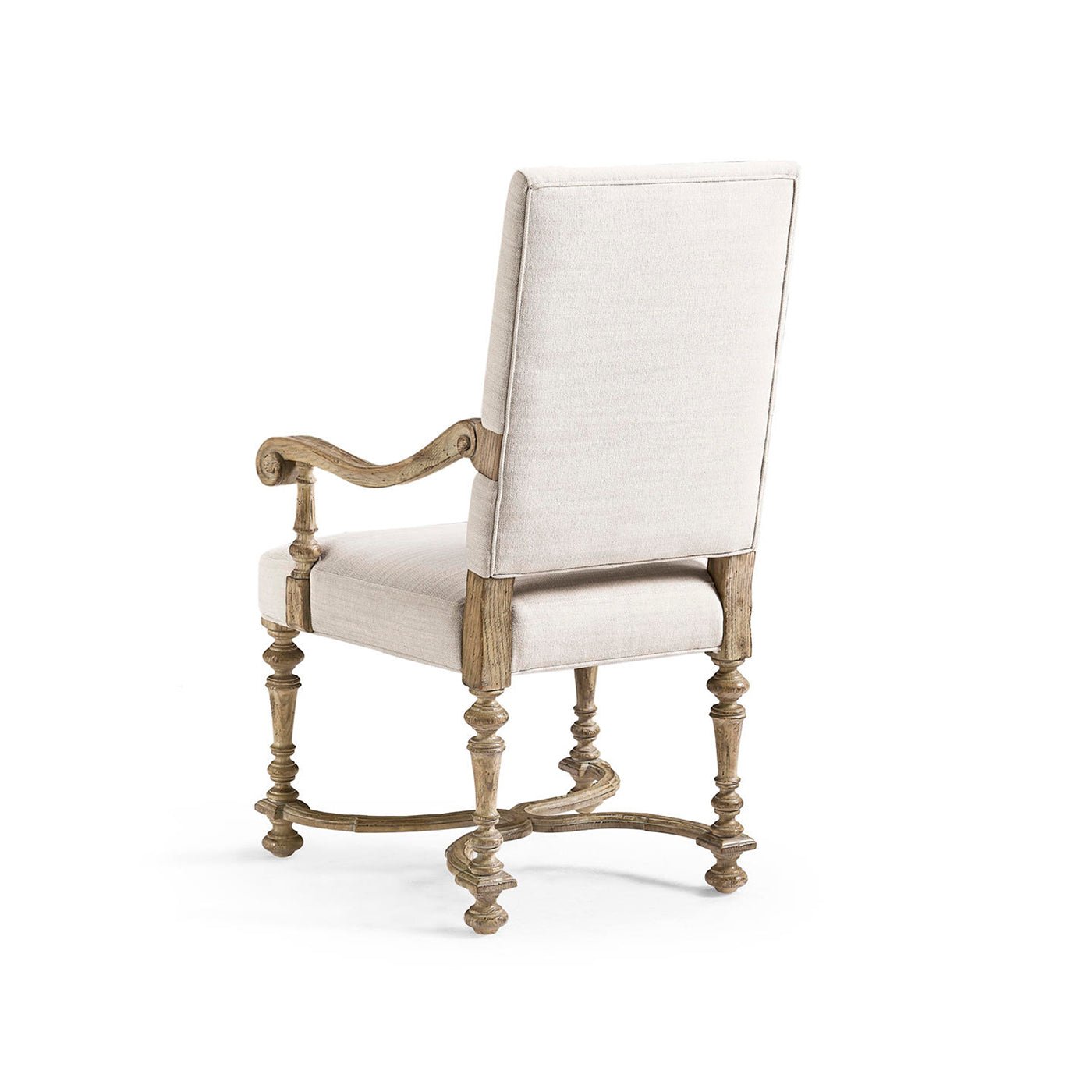 Back view of armchair, detailing on the wooden frame.