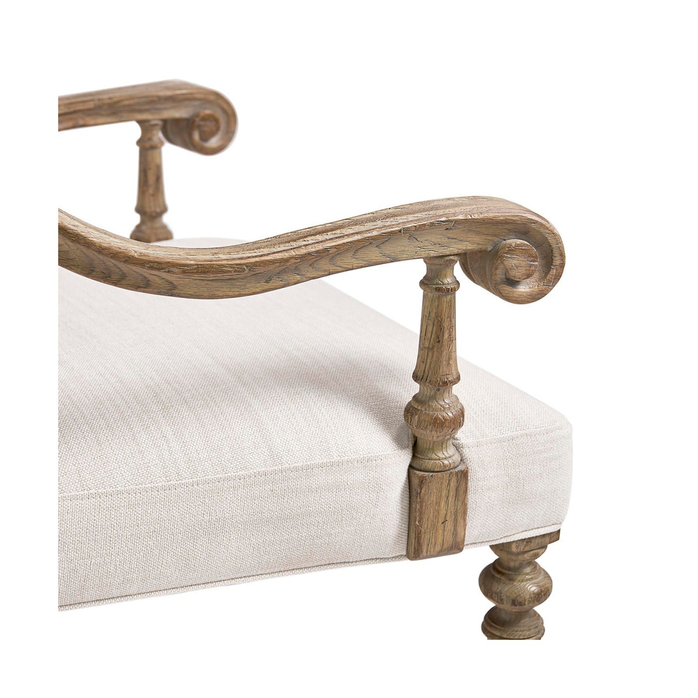 Side view of armrest, showing wooden craftsmanship.
