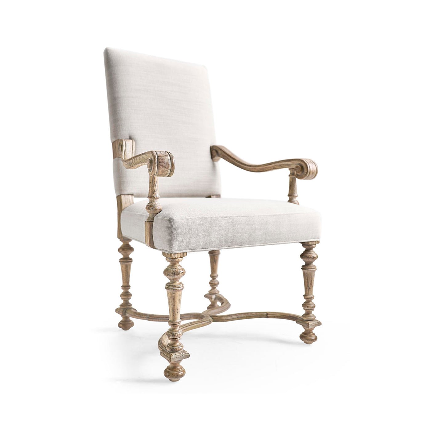 Upholstered dining armchair, angled view for overall look.