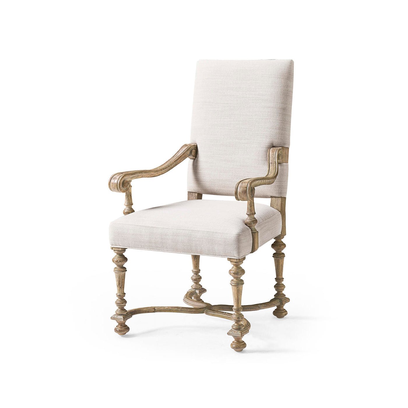 Upholstered armchair with elegant wooden frame, side angle.