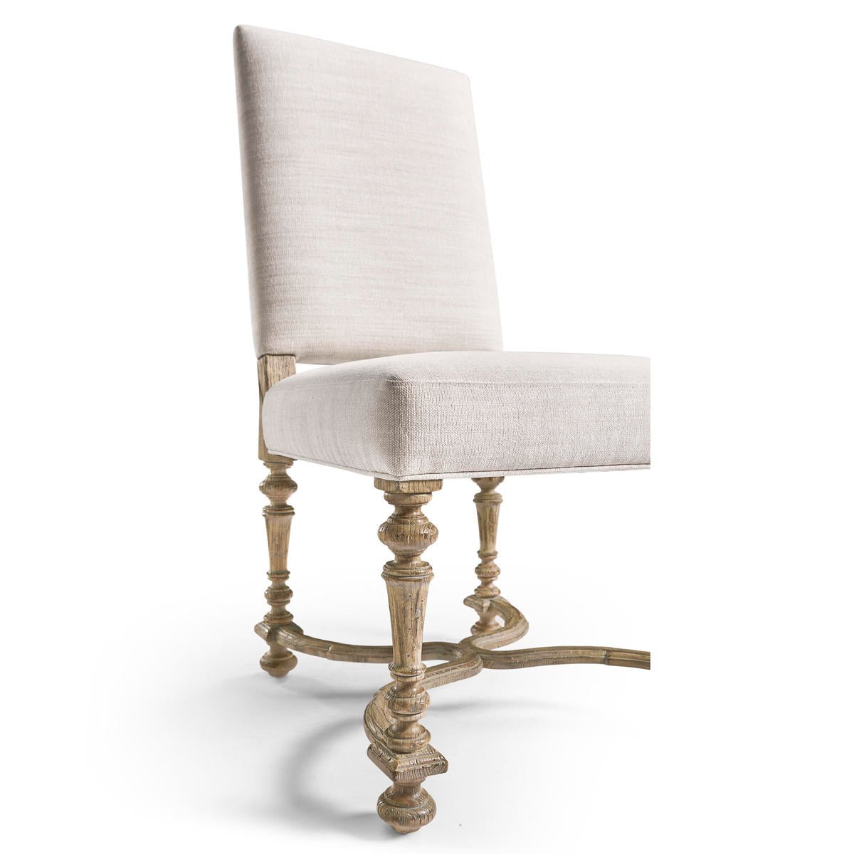 Angled view showing legs of Early English side chair.