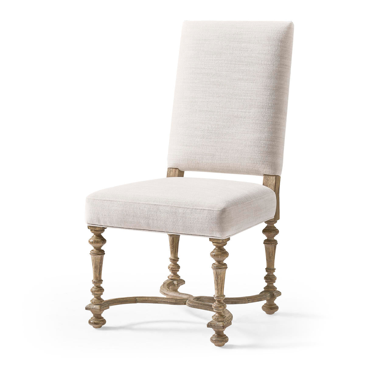 Front view of Early English upholstered side chair.
