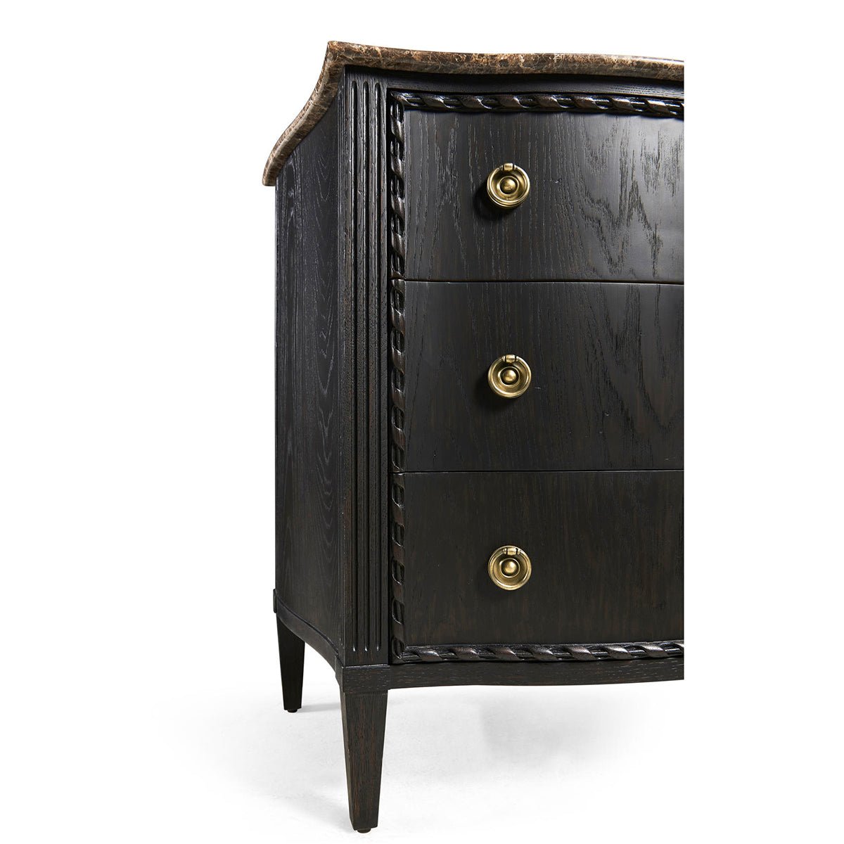 Side view of ebonized marble top chest, three drawers.