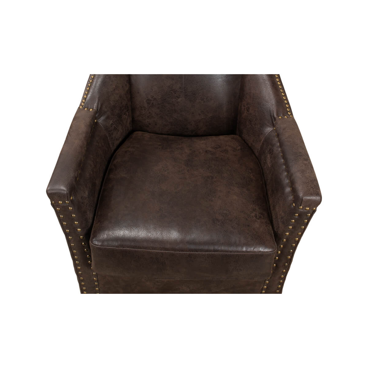 Top view of armchair seat cushion, leather texture visible.