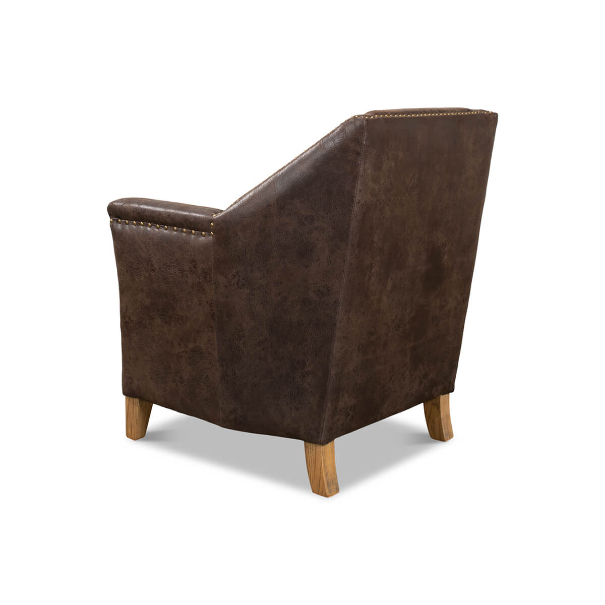 Rear angle of armchair, emphasizing wooden legs.