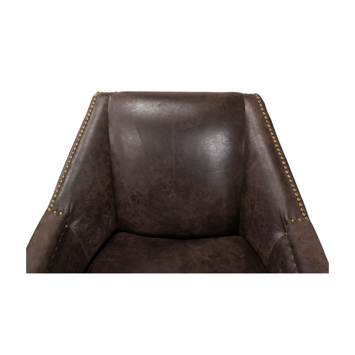 Close-up of armchair backrest, focusing on leather finish.