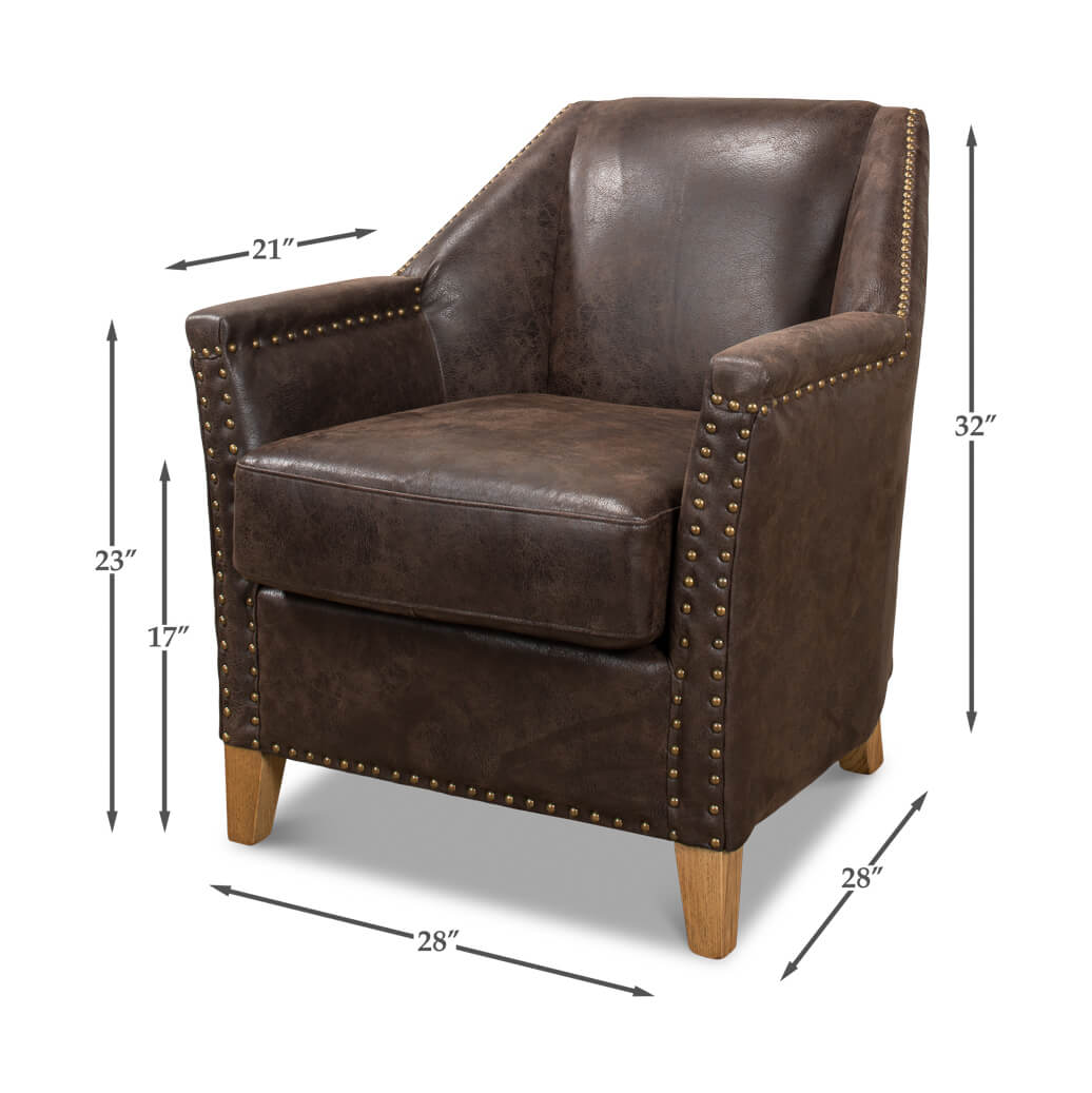 Brown leather armchair dimensions, labeled in inches.