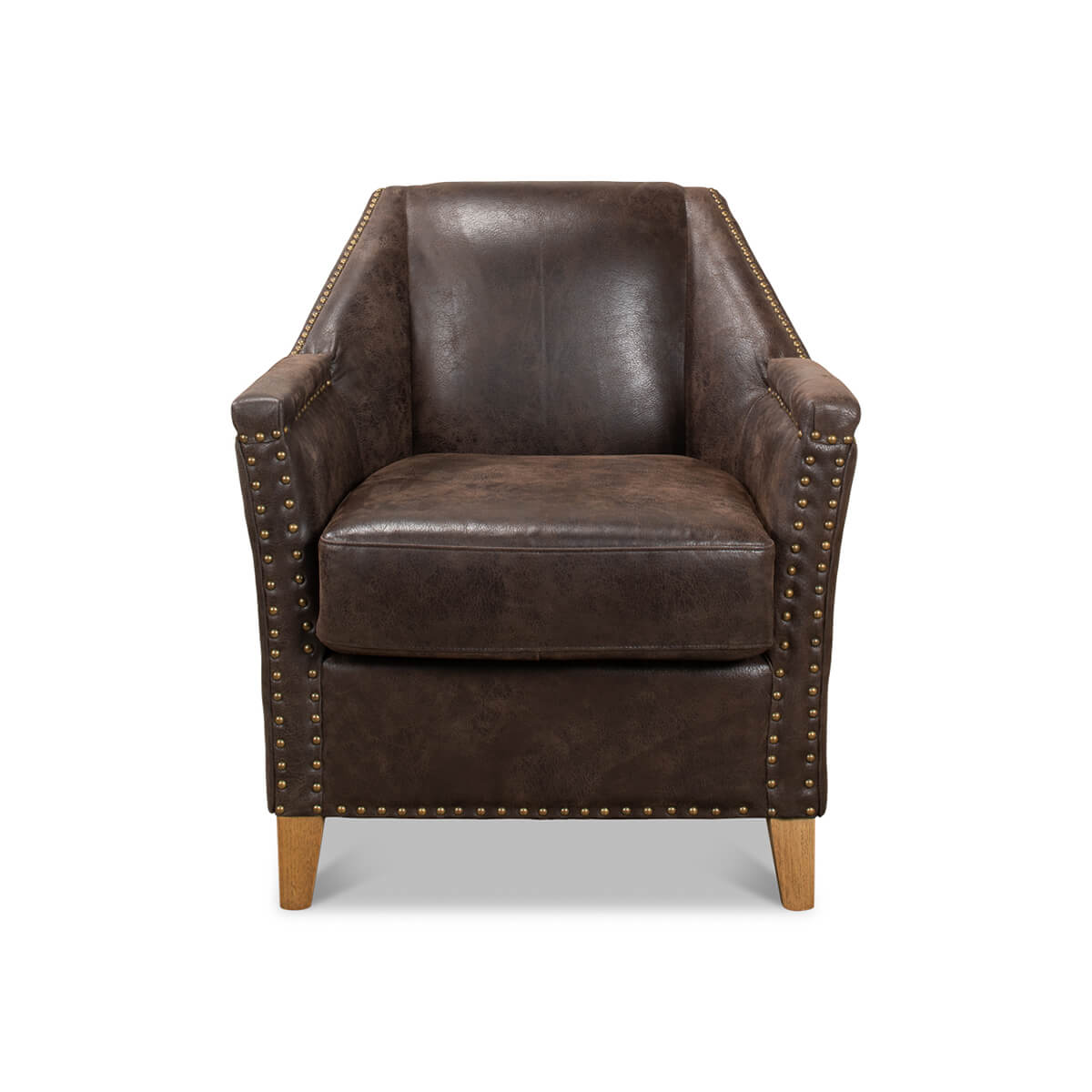 Front view of leather armchair, wooden legs visible.