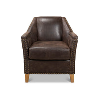 Front view of leather armchair, wooden legs visible.