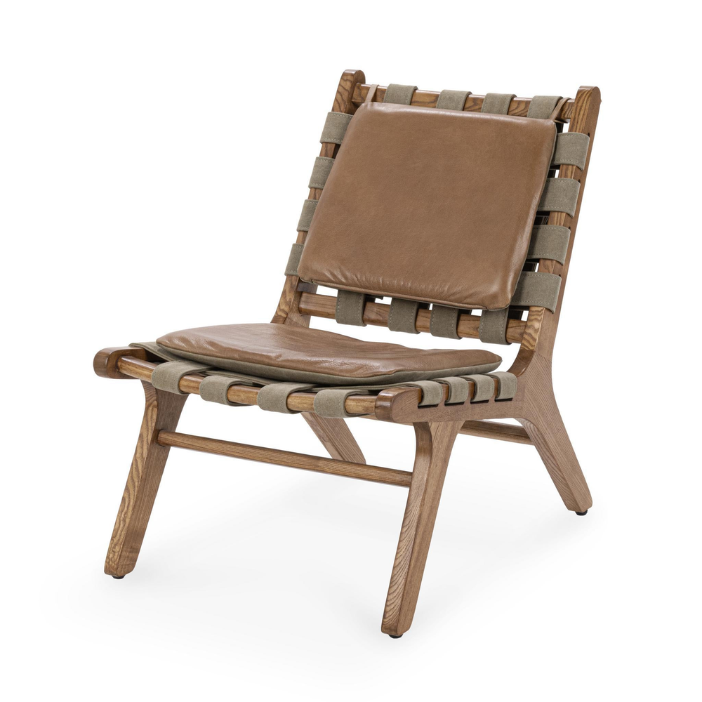 Woven Strap Leather Accent Chair in Tan