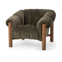 Olive Green channel-tufted accent chair with rolled arms and exposed oak legs