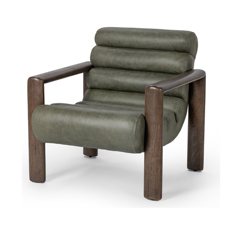 Leather Accent Chair with Channel Seat in Soft Sage