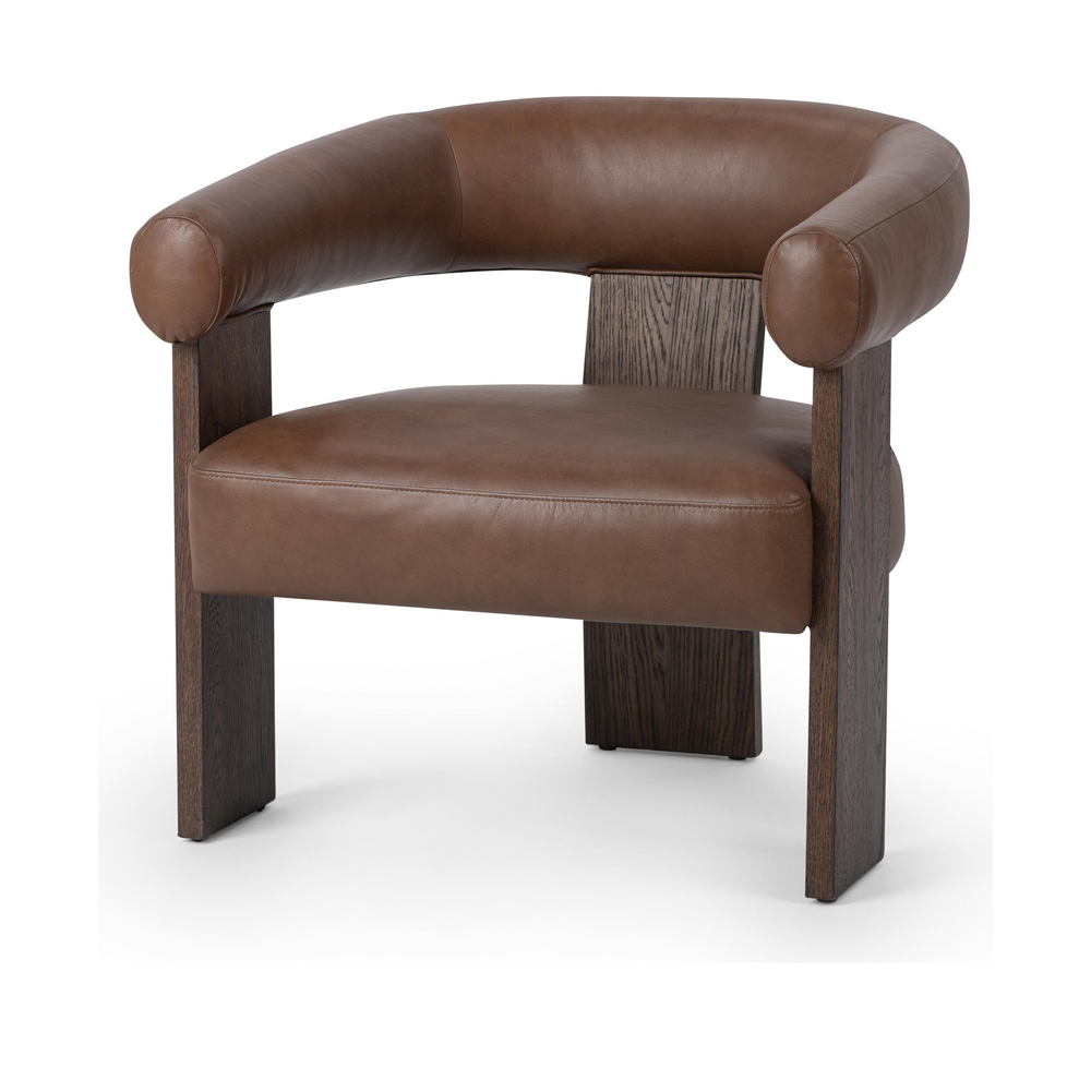 Rich Cocoa leather accent chair with a curved back and three broad wood supports