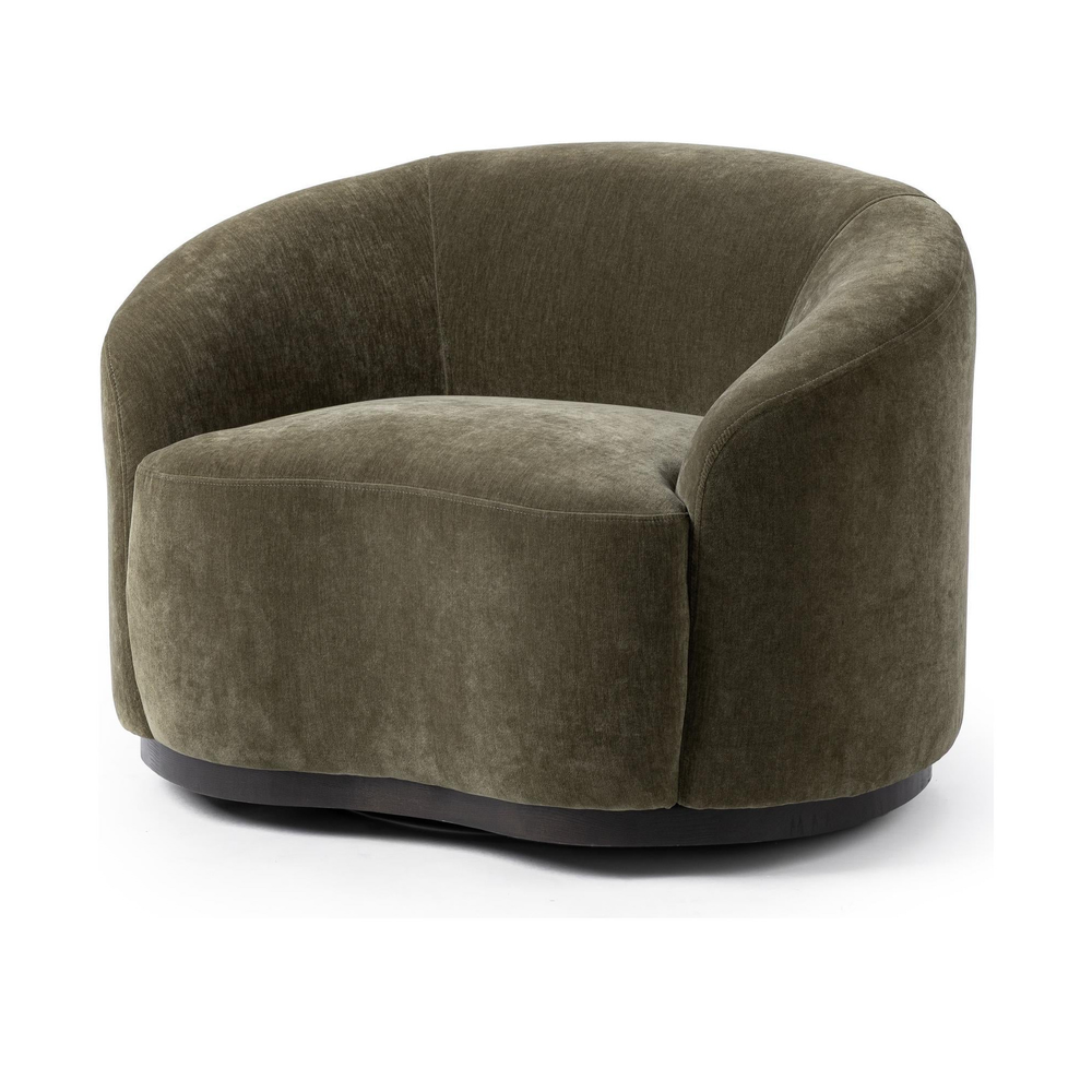 Olive Moss swivel accent chair with a curved back and narrow dark base