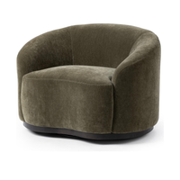 Olive Moss swivel accent chair with a curved back and narrow dark base