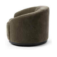 Side view of the Olive Moss chair's curved upholstered back and dark base