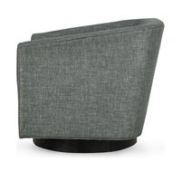 Side view of the dark gray swivel chair showing its sloping arm and round black base