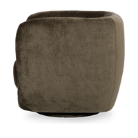 Side view of the Olive Green chair's tall rounded shell and dark swivel base