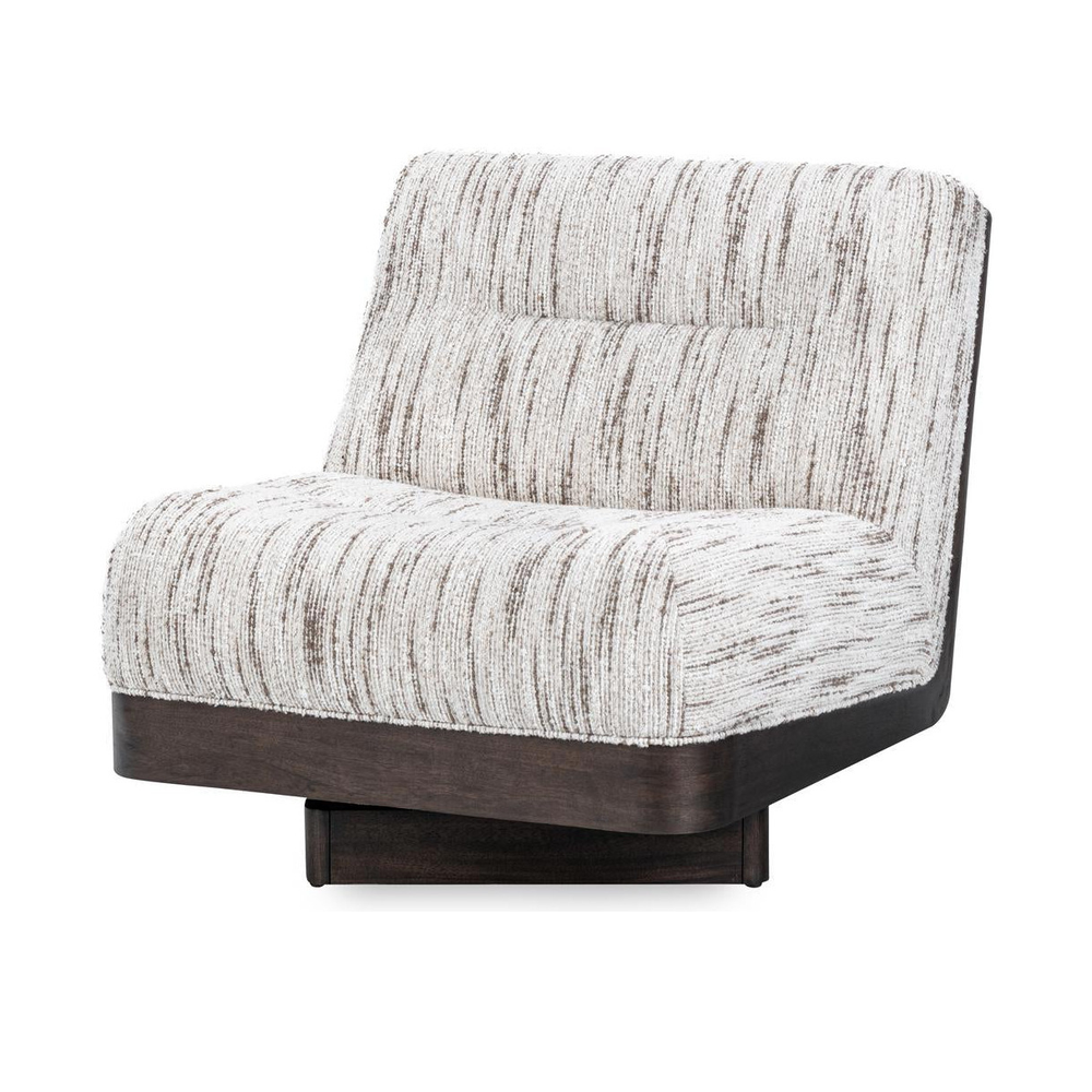 Cocoa Cream armless swivel chair with patterned upholstery and a walnut shell