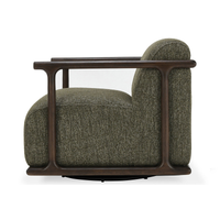 Side view of the Kale Green swivel chair with rounded wood arm and lower frame