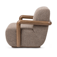 Side view of the Warm Mocha swivel chair showing its rounded wood arm and low body