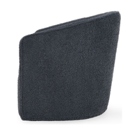 Side view of the Blue swivel chair's sloping back and fully upholstered base