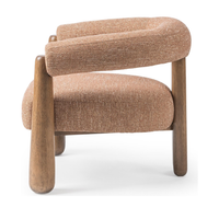 Angled view of the Desert Clay chair's curved upholstered back and rounded wood supports