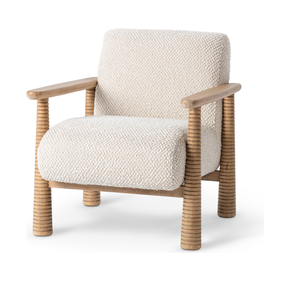 Beige Natural accent chair with textured cushions, wood arms and ribbed legs