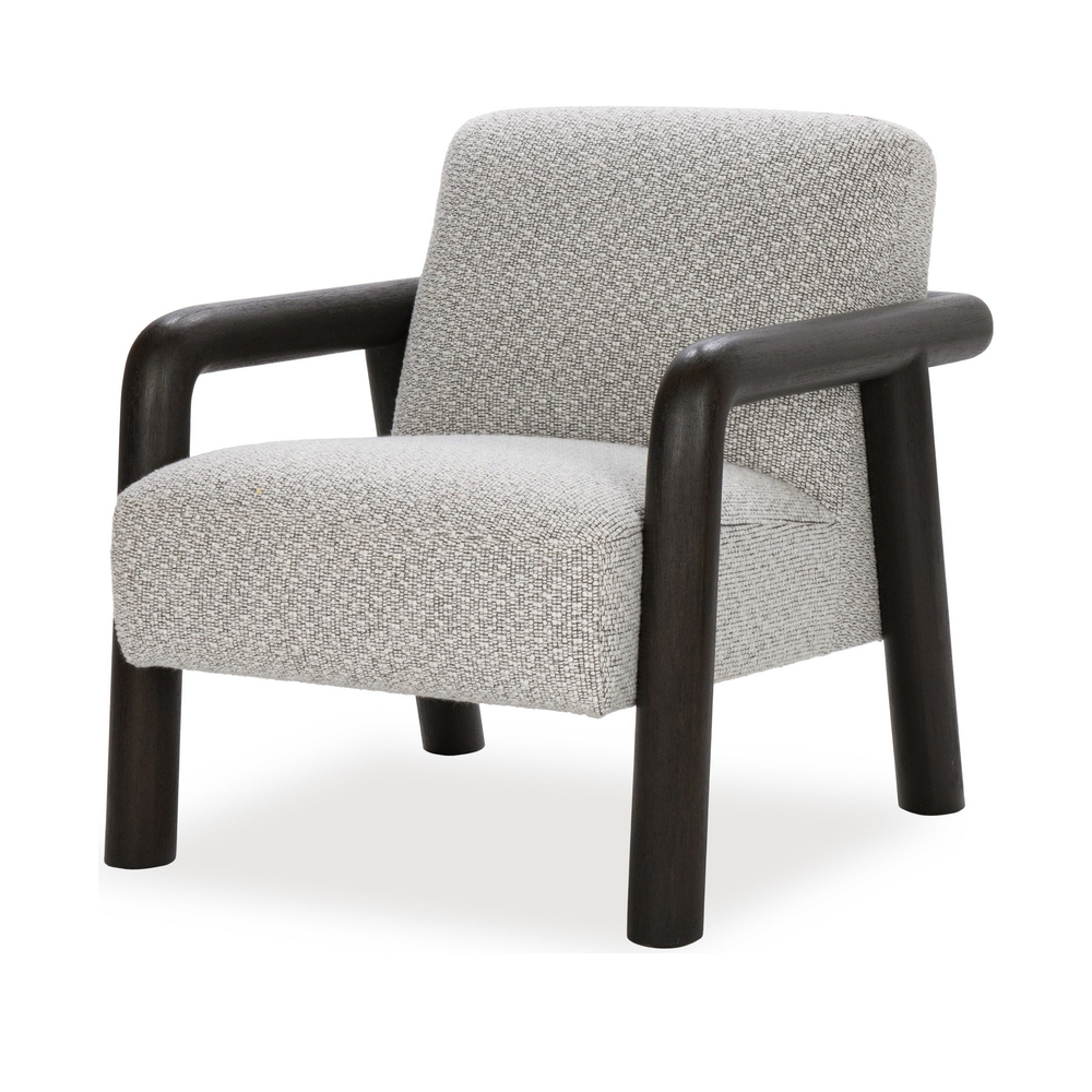 Pale upholstered accent chair with thick, rounded dark wood arms and legs