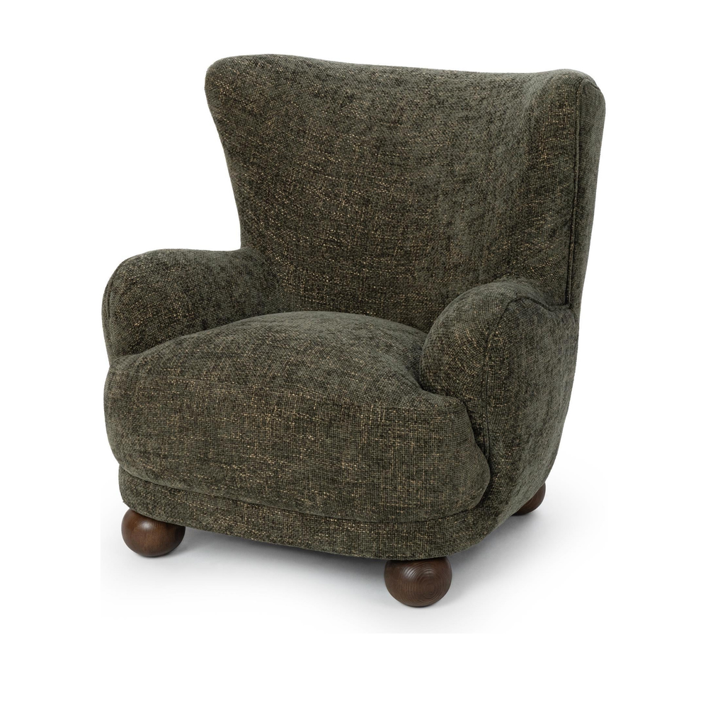 Winter Fir wingback accent chair with rounded arms and wood feet