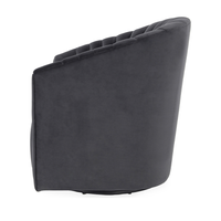 Side view of the gray swivel chair with a sloping arm and smooth outer upholstery