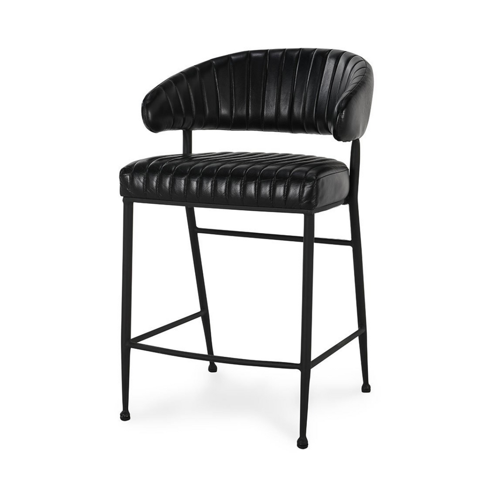 Fluted black leather counter stool in a three-quarter front view, showing the curved back and iron footrest