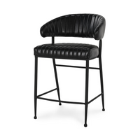 Fluted black leather counter stool in a three-quarter front view, showing the curved back and iron footrest