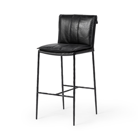 Slim-Frame Black Leather Bar Stool