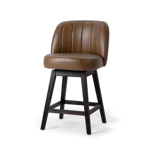 Round-Back Brown Leather Swivel Counter Stool