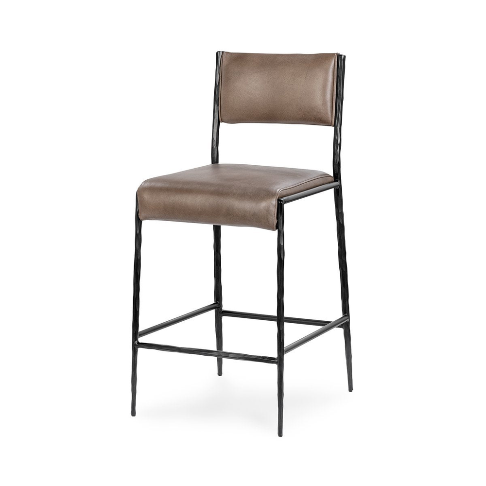 Three-quarter front view of a taupe leather counter stool with a dark hammered iron frame