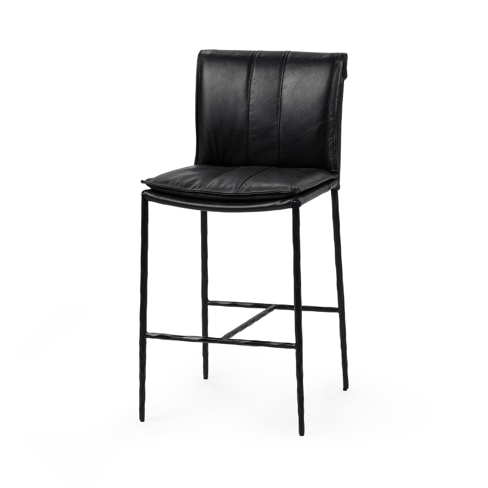 Slim-frame black leather counter stool in a three-quarter front view, showing the stitched seat and slender iron legs