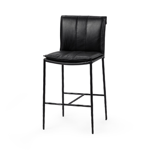 Slim-Frame Black Leather Counter Stool