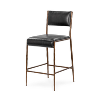 Three-quarter front view of a black leather counter stool with a bronze-toned hammered iron frame