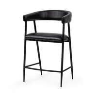 Three-quarter front view of a black leather counter stool with a curved padded back and open iron arms