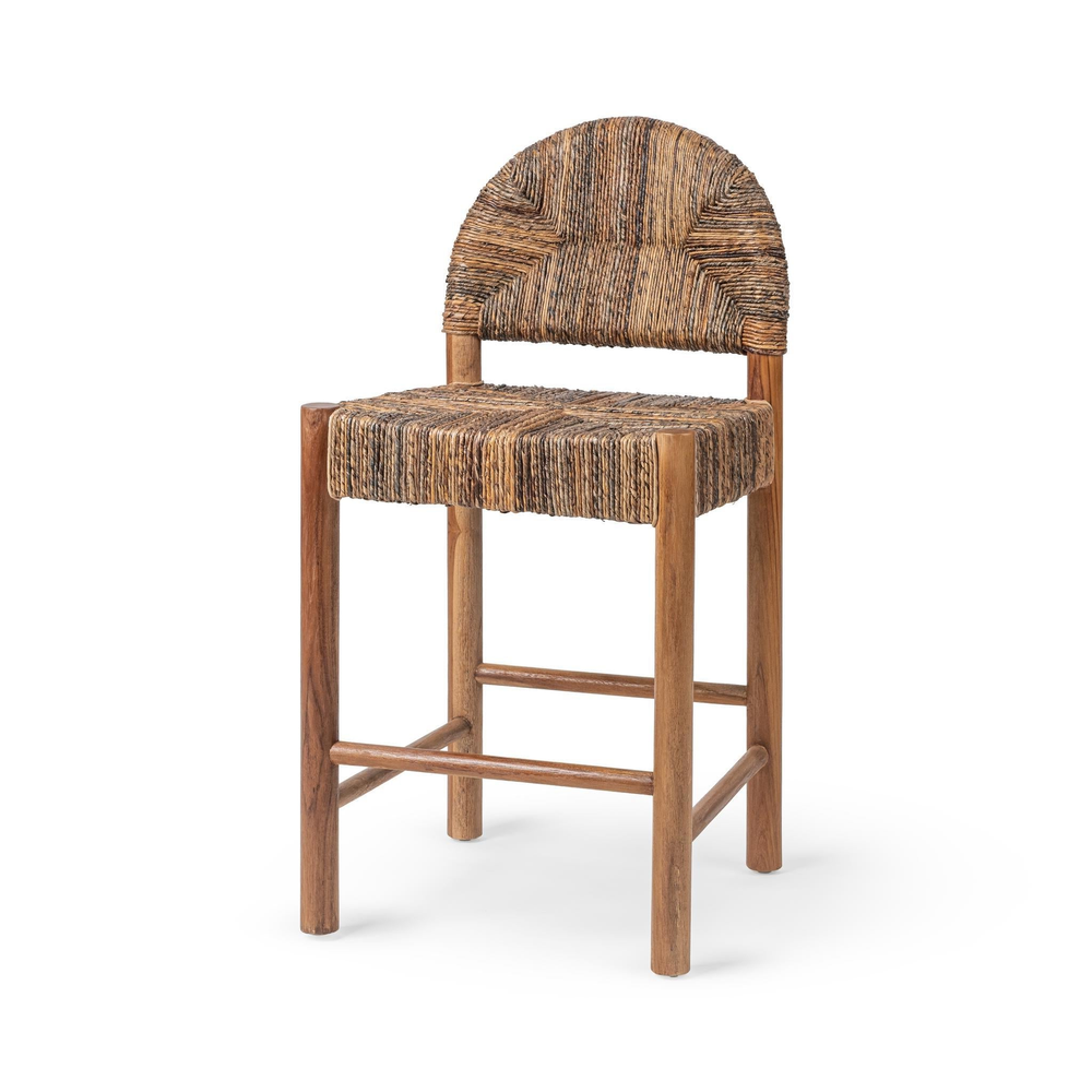 Three-quarter front view of a brown woven abaca counter stool with an arched back and teak legs