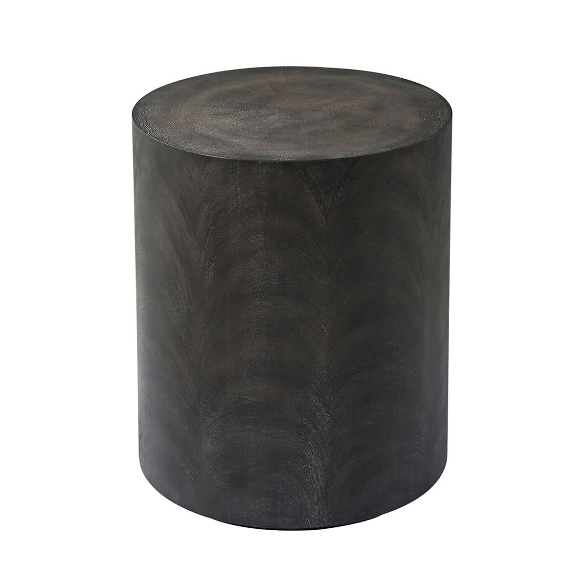 Dark cylindrical accent table front view for modern decor.