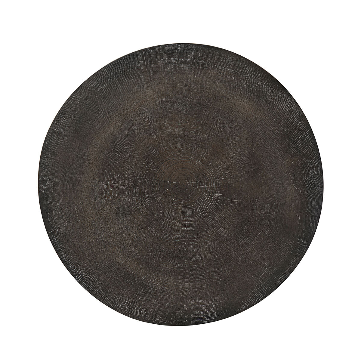 Top view of round accent table, wooden texture.
