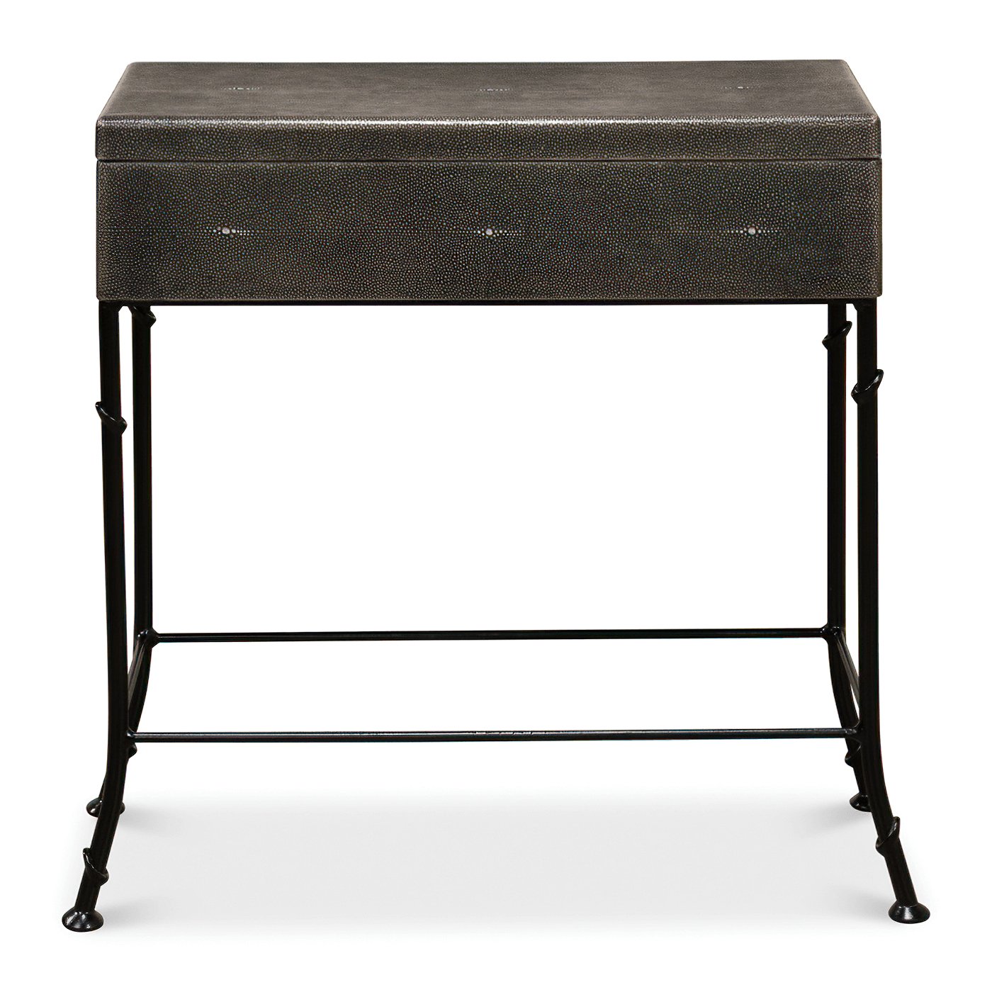 Straight front view of leather box on stand.