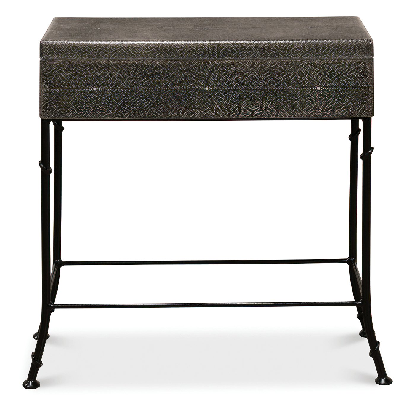 Front view of embossed leather box on stand.