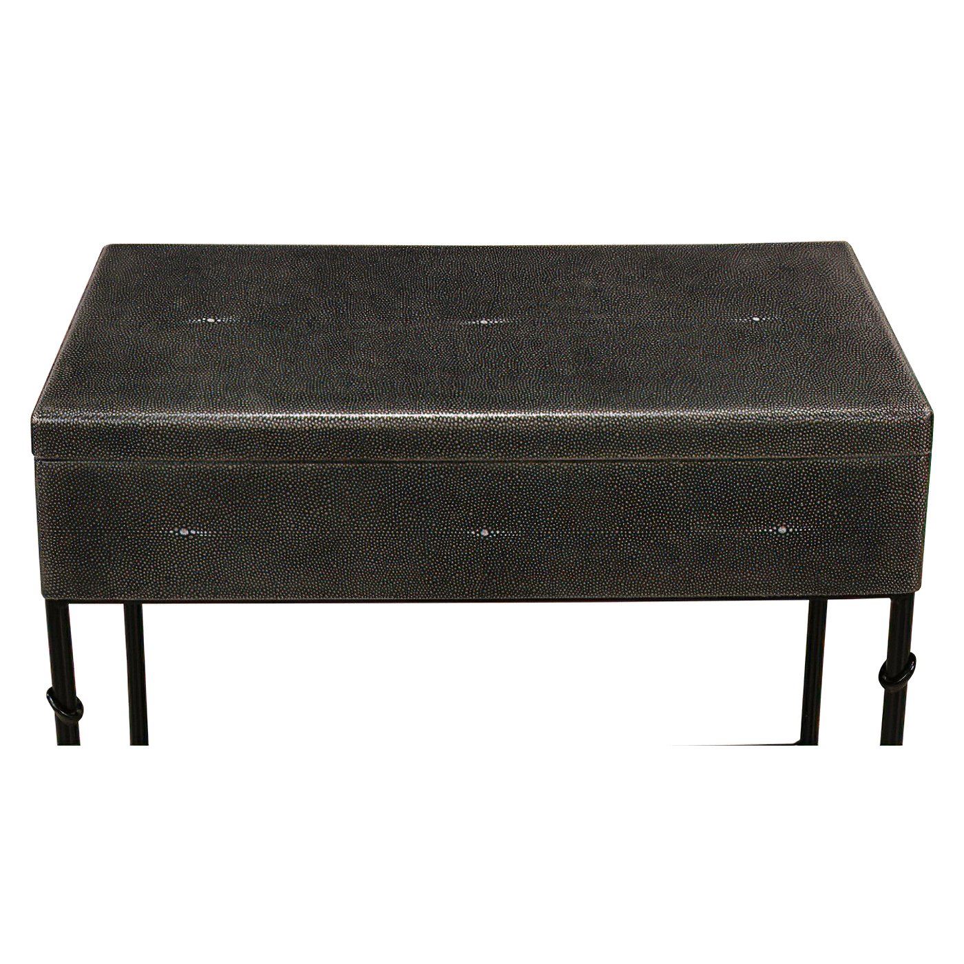 Top view of closed leather box on stand.