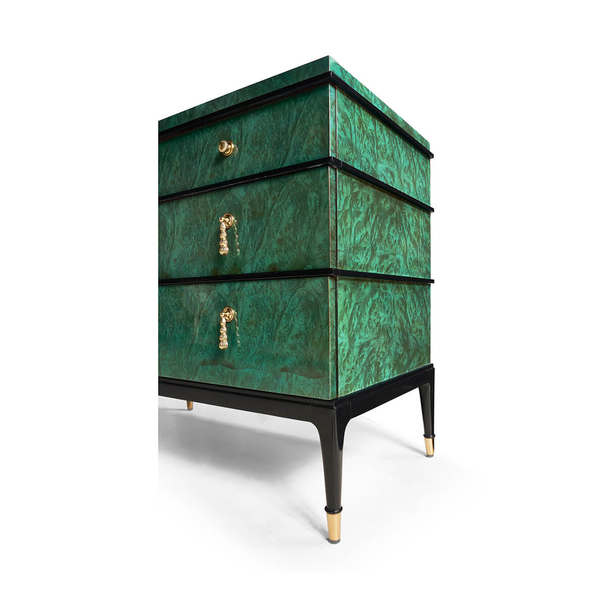 Close-up of emerald dresser's side and legs.