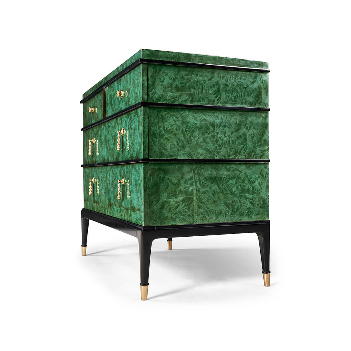 Rear side angle of emerald Art Deco dresser.